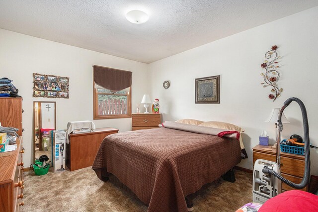 bedroom with carpet floors and a textured ceiling