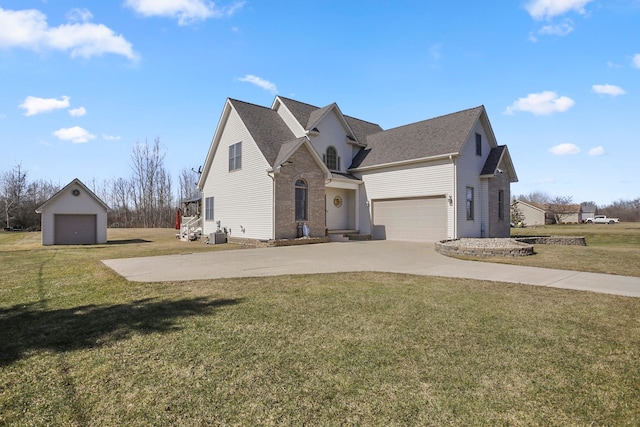 view of front of house featuring brick siding, concrete driveway, a garage, and a front yard