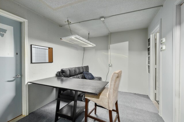 carpeted dining space with a textured ceiling