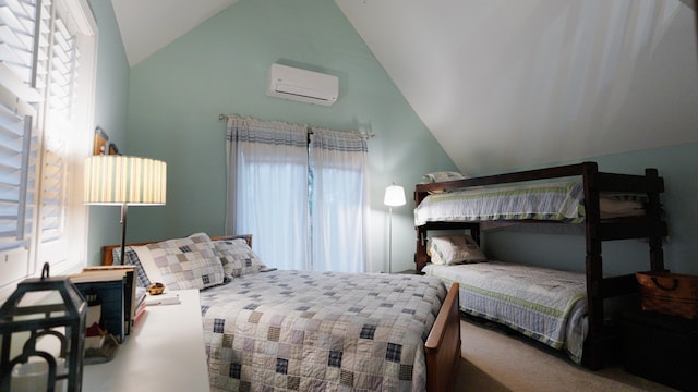 bedroom with an AC wall unit, multiple windows, and vaulted ceiling