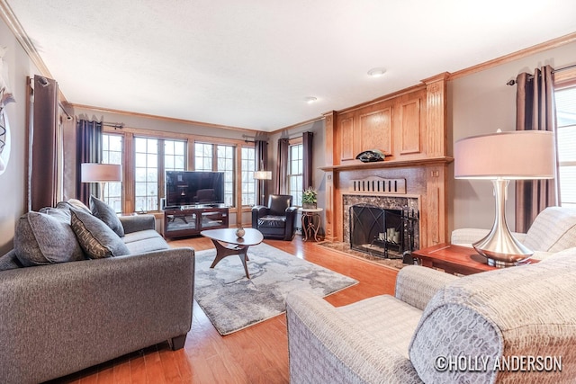 living area featuring a premium fireplace, light wood-type flooring, and crown molding