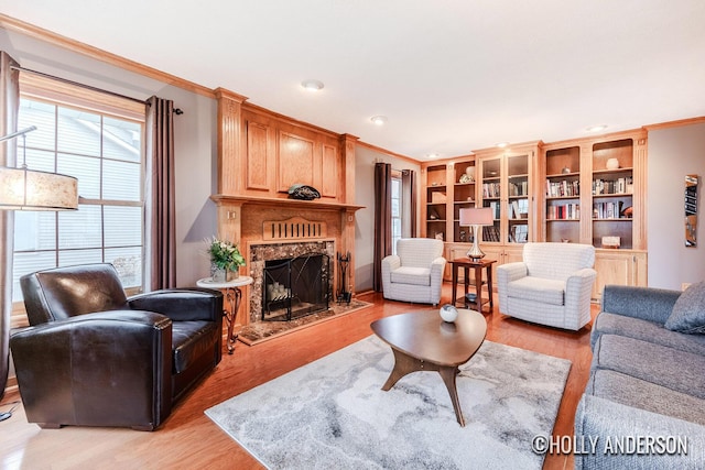 living area featuring ornamental molding, a fireplace, and light wood finished floors