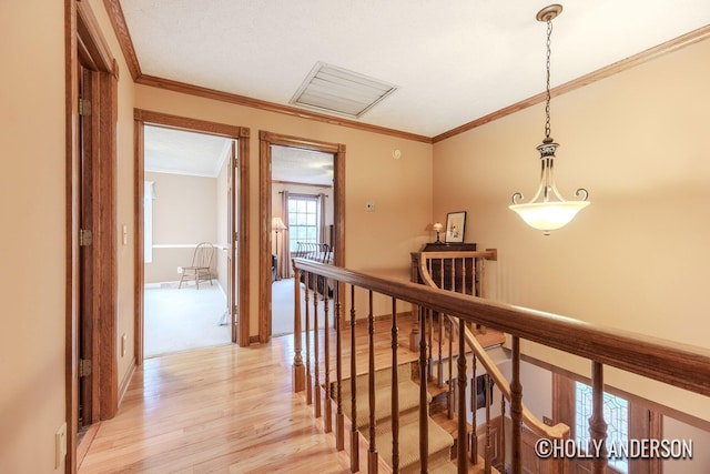 corridor featuring light wood-style floors, baseboards, crown molding, and an upstairs landing