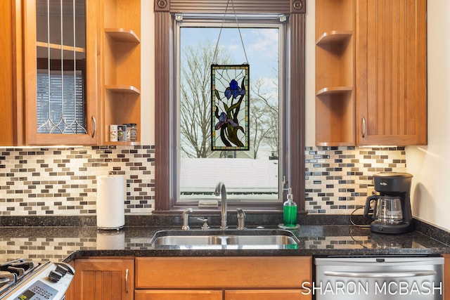 kitchen with stove, a sink, stainless steel dishwasher, and open shelves