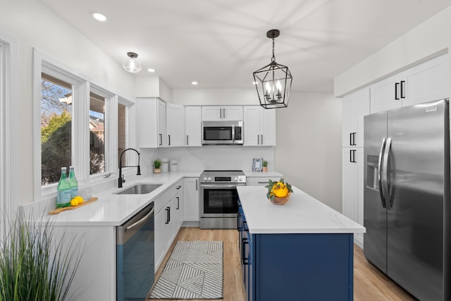 kitchen with light wood finished floors, a kitchen island, appliances with stainless steel finishes, white cabinets, and a sink