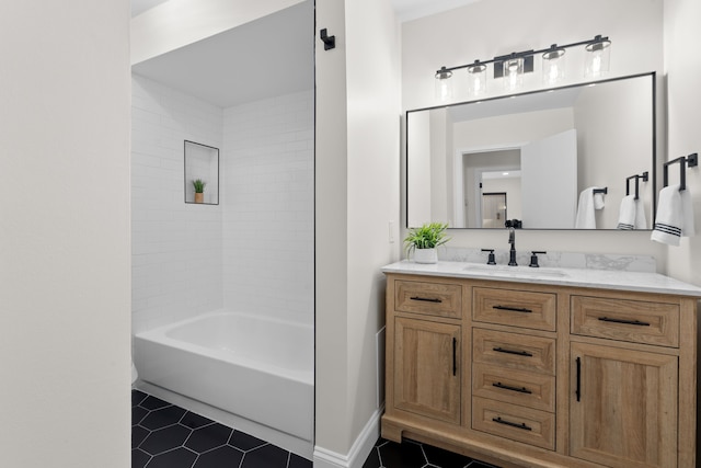 bathroom with tile patterned floors, bathtub / shower combination, and vanity