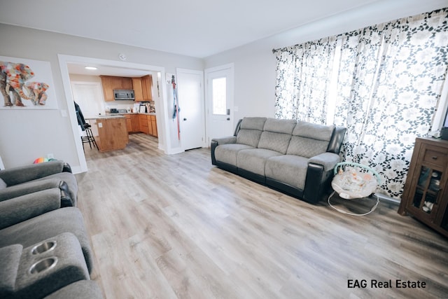 living area with baseboards and light wood finished floors