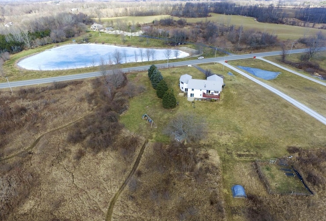 aerial view featuring a water view and a rural view