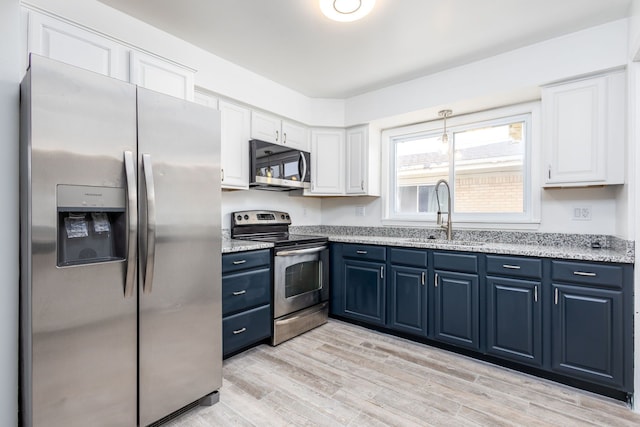 kitchen featuring white cabinets, appliances with stainless steel finishes, blue cabinets, and a sink