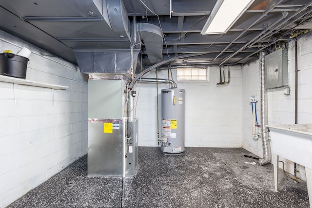 basement featuring electric panel, heating unit, and gas water heater