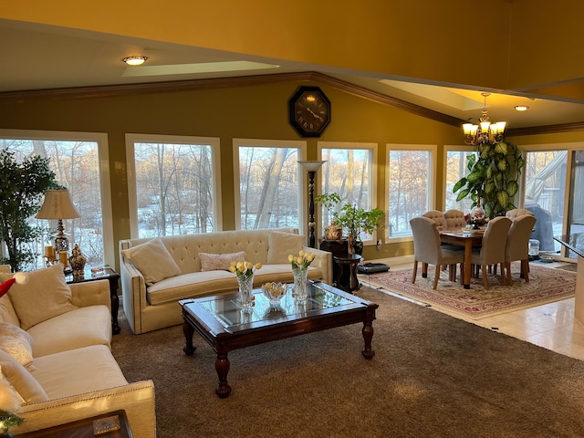 tiled living area with a notable chandelier, carpet floors, vaulted ceiling, and crown molding