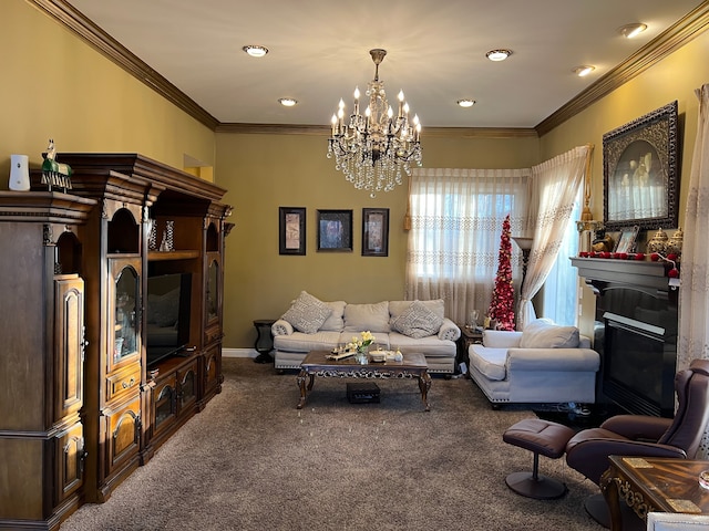 living area with carpet floors, a fireplace, baseboards, and crown molding