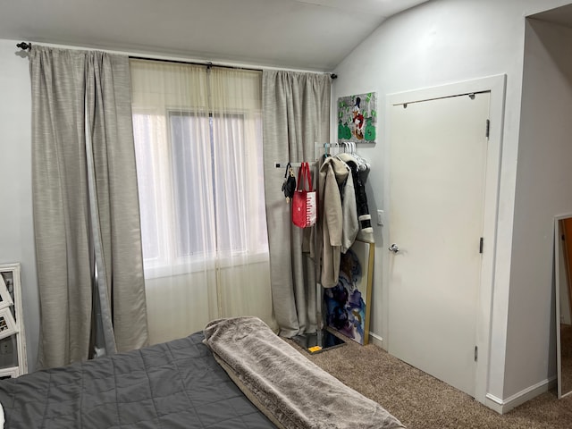 carpeted bedroom featuring vaulted ceiling