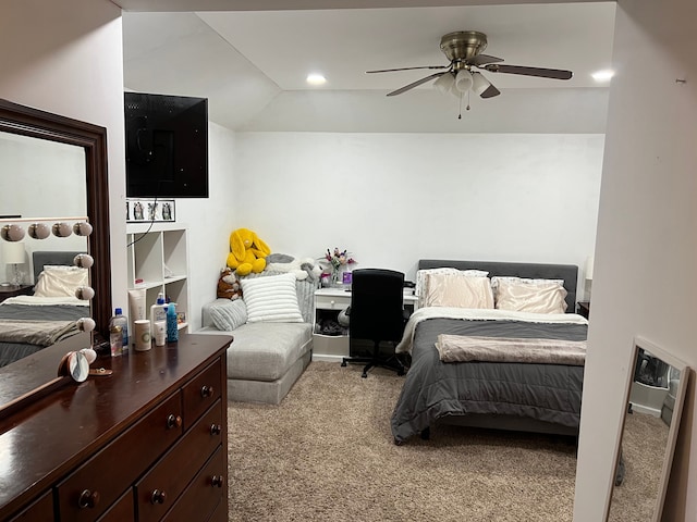 bedroom with lofted ceiling, recessed lighting, a ceiling fan, and light colored carpet