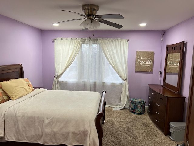 bedroom with recessed lighting, carpet flooring, and ceiling fan