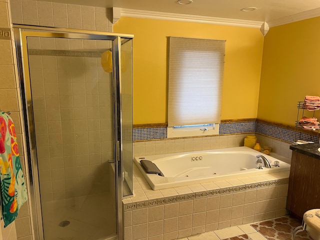 bathroom with a stall shower, tile patterned flooring, crown molding, and a tub with jets