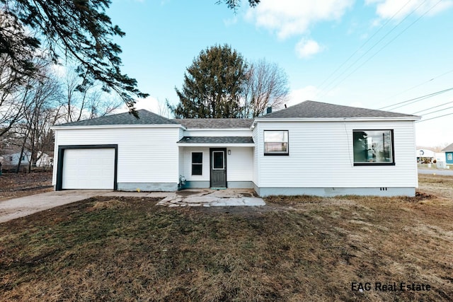 single story home with an attached garage, a shingled roof, driveway, crawl space, and a front yard