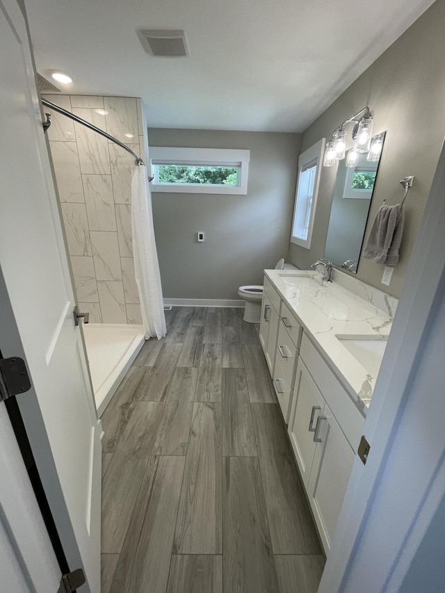 full bathroom with toilet, wood finish floors, a sink, a shower stall, and double vanity