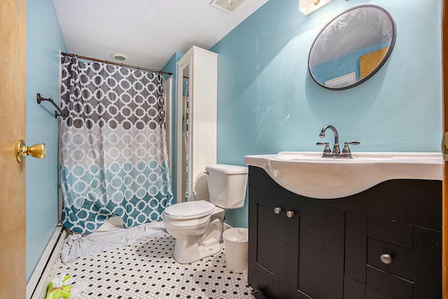 full bath featuring visible vents, baseboard heating, toilet, vanity, and tile patterned floors