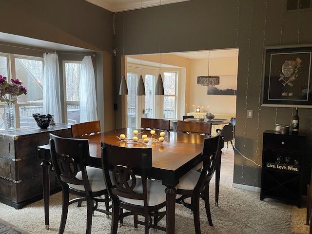 dining space with light carpet