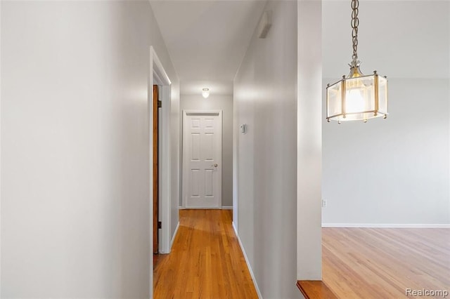 hallway featuring light wood finished floors and baseboards