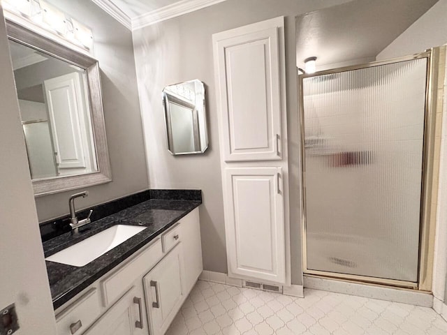 bathroom featuring a shower stall, visible vents, crown molding, and vanity