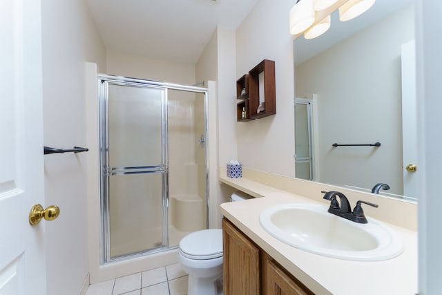 bathroom with tile patterned flooring, toilet, and a stall shower