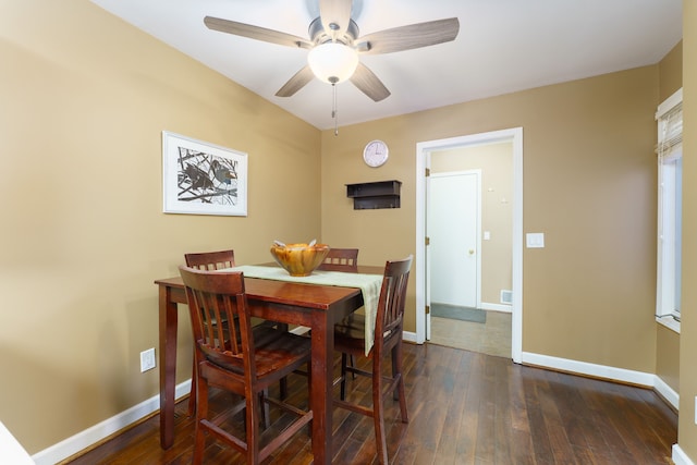 dining area featuring visible vents, baseboards, dark wood-style floors, and a ceiling fan