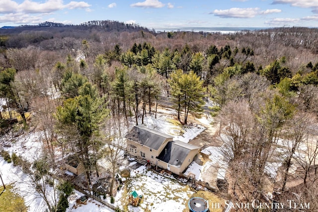 drone / aerial view featuring a wooded view