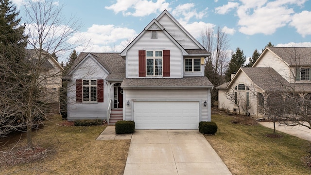 traditional home with driveway, a shingled roof, an attached garage, and a front yard