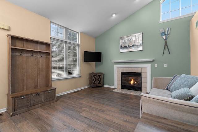 living room featuring lofted ceiling, a healthy amount of sunlight, a tiled fireplace, and wood finished floors