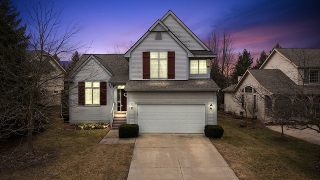 traditional-style house with a garage, roof with shingles, and driveway