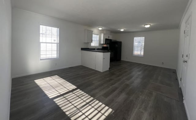 kitchen with open floor plan, dark countertops, dark wood-style floors, and a healthy amount of sunlight