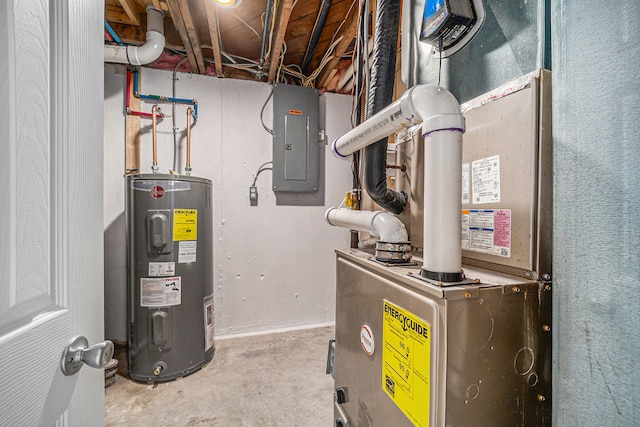 utility room with electric water heater, electric panel, and heating unit