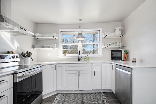 kitchen featuring stainless steel appliances, open shelves, wall chimney exhaust hood, and a sink