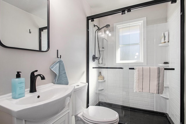 full bathroom with toilet, a shower stall, and a sink