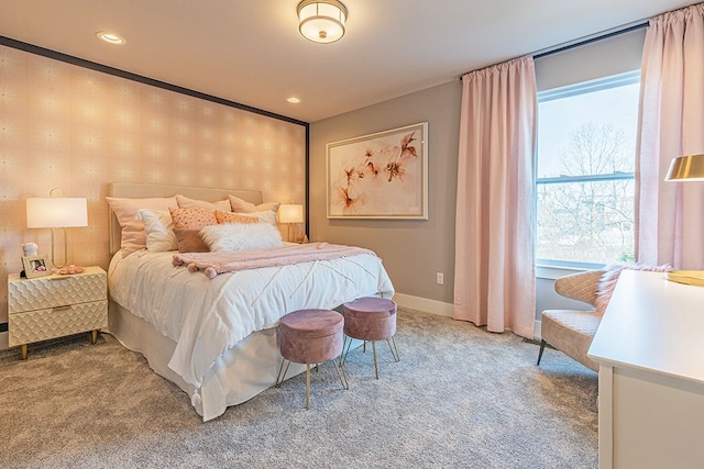 bedroom featuring recessed lighting, carpet flooring, and baseboards