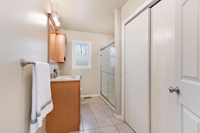 full bathroom featuring visible vents, a shower stall, baseboards, tile patterned floors, and vanity