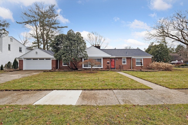 ranch-style house featuring an attached garage, a chimney, concrete driveway, a front lawn, and brick siding