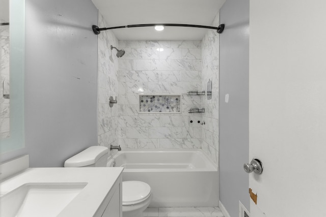 bathroom featuring vanity, shower / tub combination, toilet, and marble finish floor