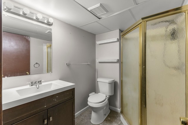 full bath with visible vents, baseboards, toilet, a stall shower, and vanity