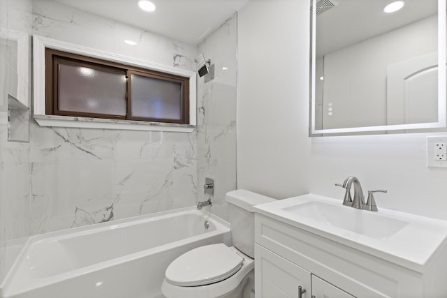 bathroom with visible vents, toilet, shower / tub combination, recessed lighting, and vanity