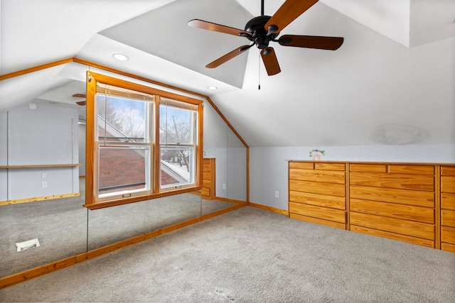 bonus room featuring carpet floors, recessed lighting, baseboards, and vaulted ceiling