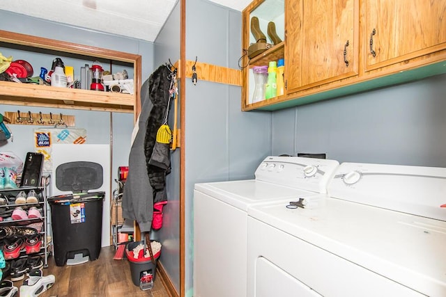 laundry area featuring independent washer and dryer, dark wood finished floors, and cabinet space