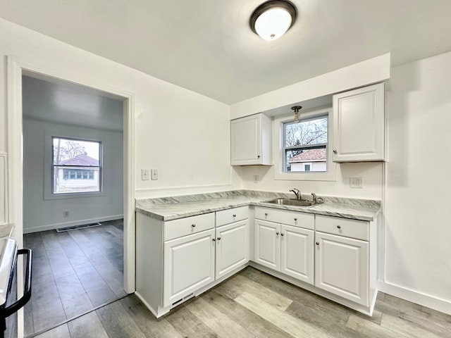 kitchen with light wood finished floors, plenty of natural light, a sink, and white cabinetry