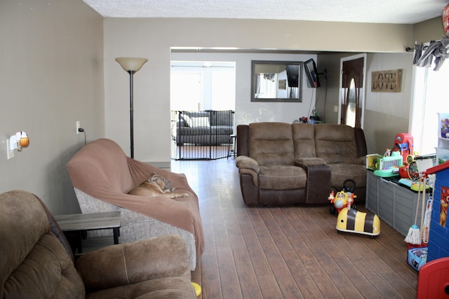 living room featuring a healthy amount of sunlight, a textured ceiling, and wood finished floors