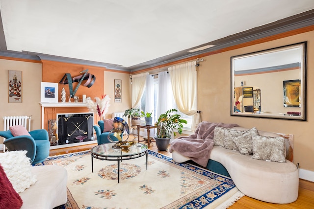 living room with radiator, ornamental molding, a fireplace with raised hearth, and wood finished floors