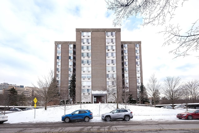 view of snow covered building