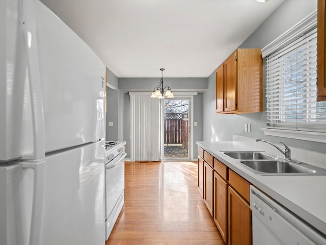 kitchen with light countertops, a sink, a chandelier, light wood-type flooring, and white appliances