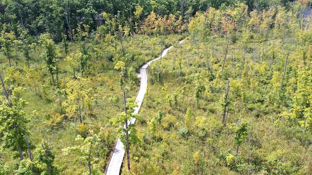 bird's eye view with a wooded view